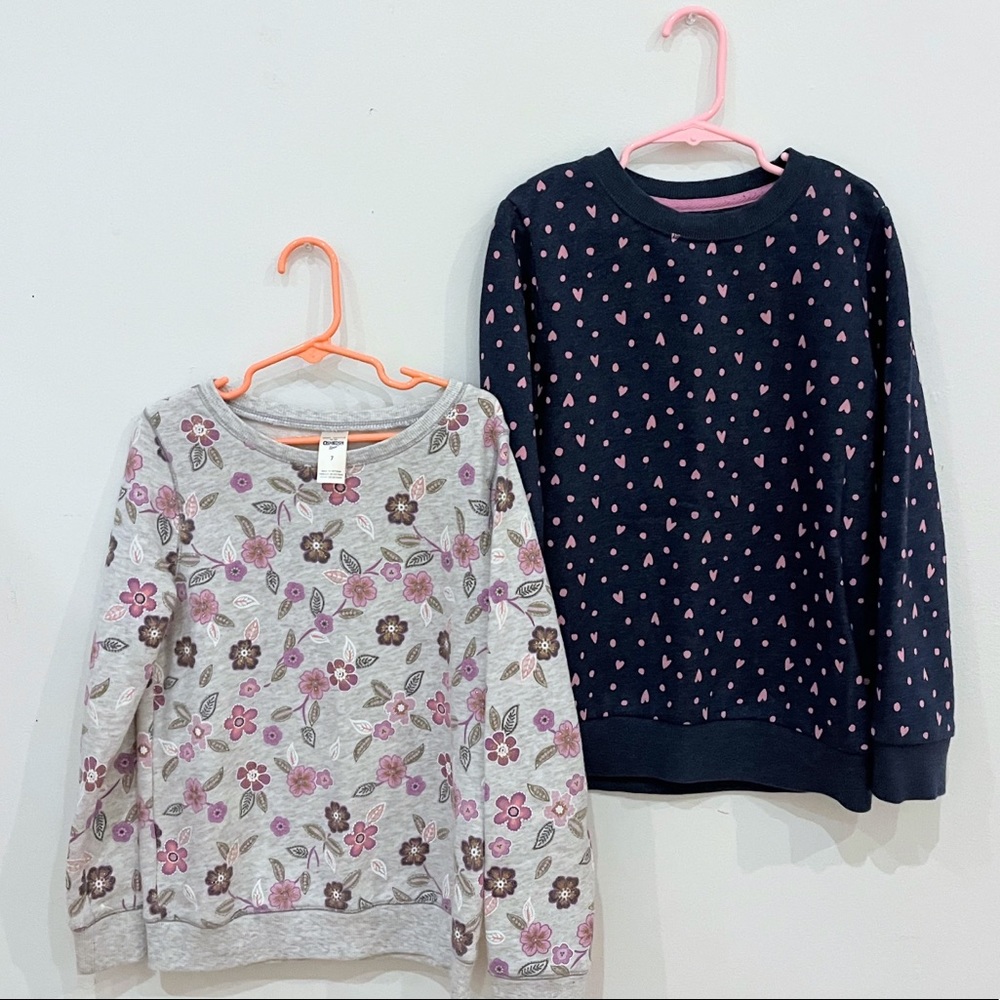 Lot 2 Fall Sweatshirts bundle Girls size 7 flowers hearts print Blue Grey